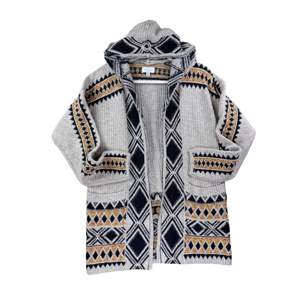 Lucky Brand Open Cardigan Women Medium Navy Cream Mustard Geometric Hooded Boho